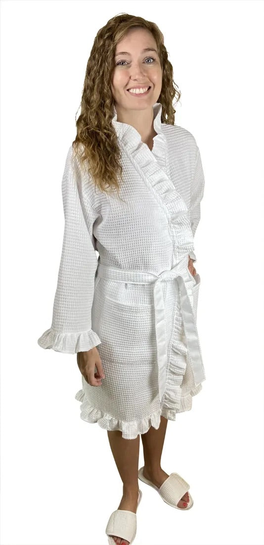 Monogrammed Waffle Kimona Style Robe with ruffle