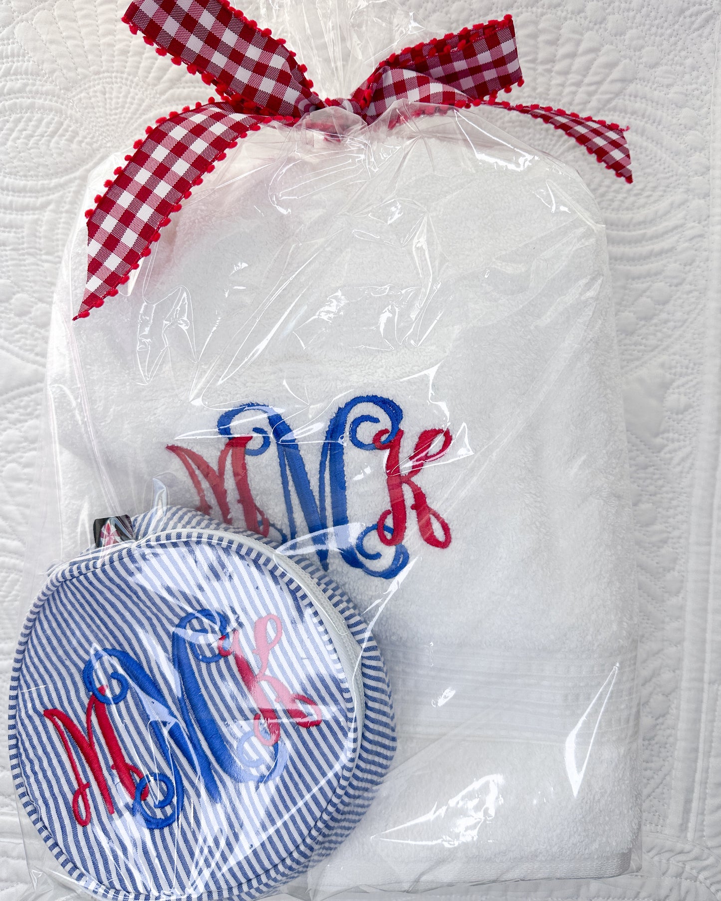 Monogrammed Bath Towel and Button Bag Set