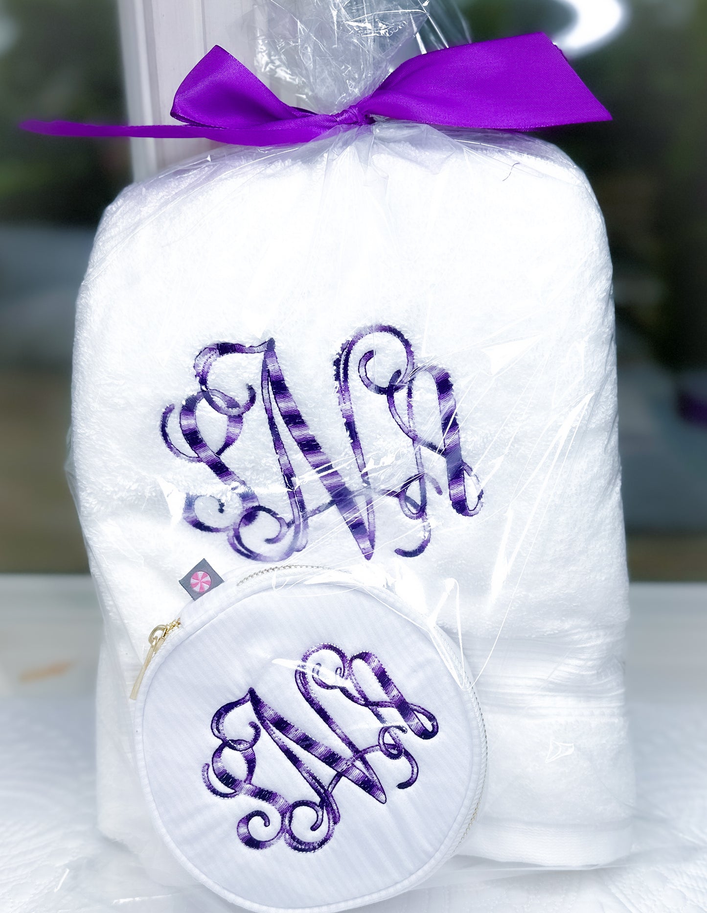 Monogrammed Bath Towel and Button Bag Set