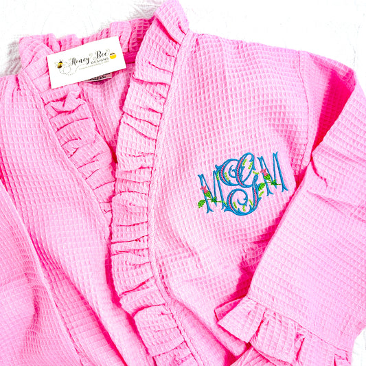 Monogrammed Waffle Kimona Style Robe with ruffle